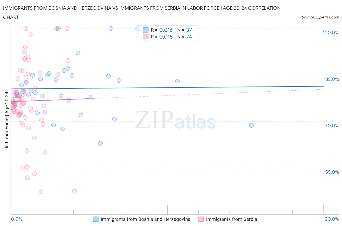 Immigrants from Bosnia and Herzegovina vs Immigrants from Serbia In Labor Force | Age 20-24