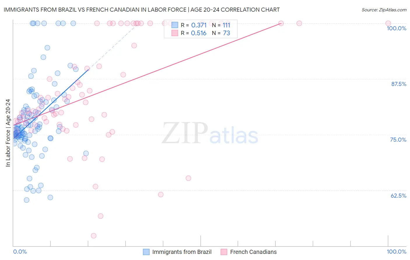 Immigrants from Brazil vs French Canadian In Labor Force | Age 20-24