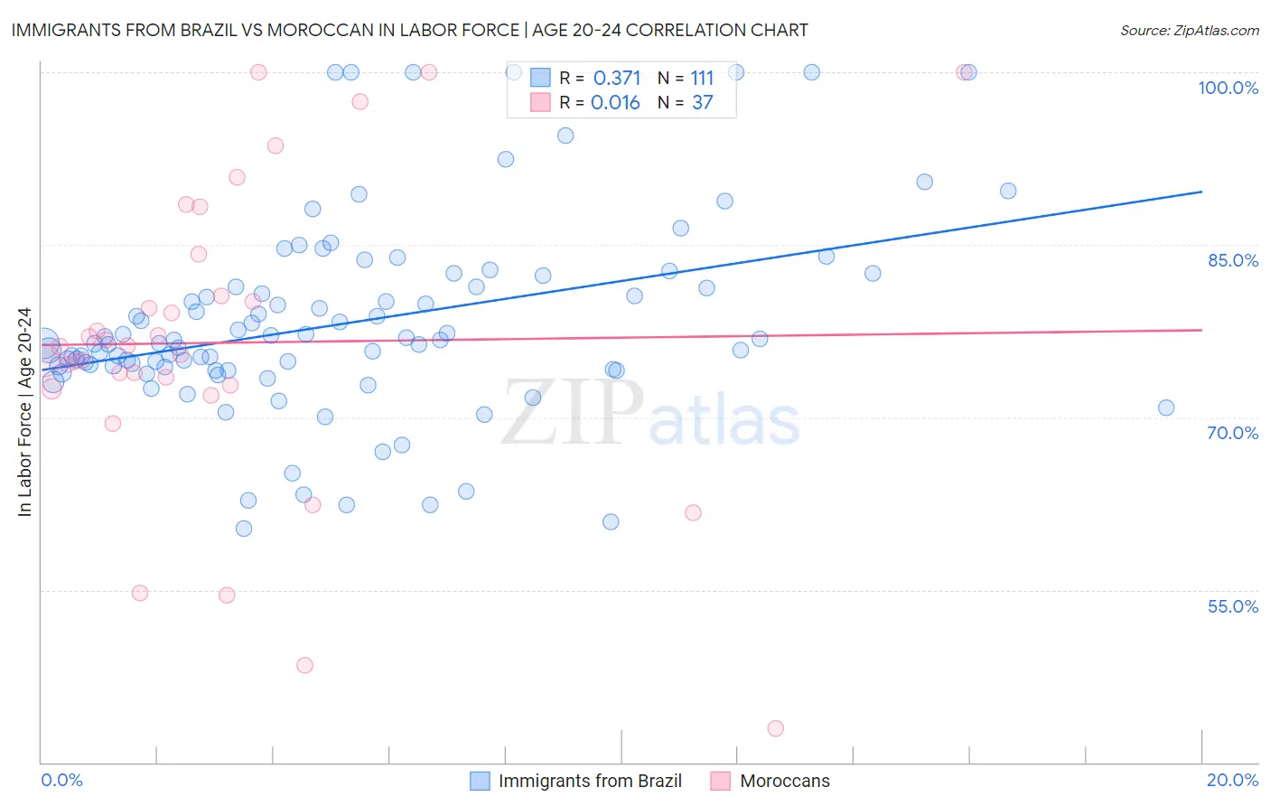 Immigrants from Brazil vs Moroccan In Labor Force | Age 20-24