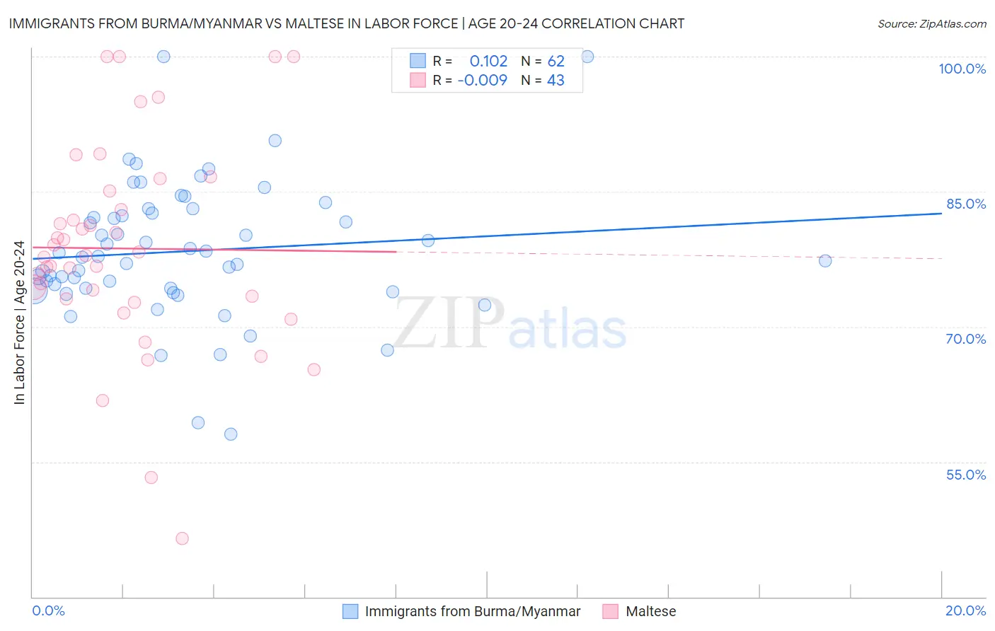 Immigrants from Burma/Myanmar vs Maltese In Labor Force | Age 20-24