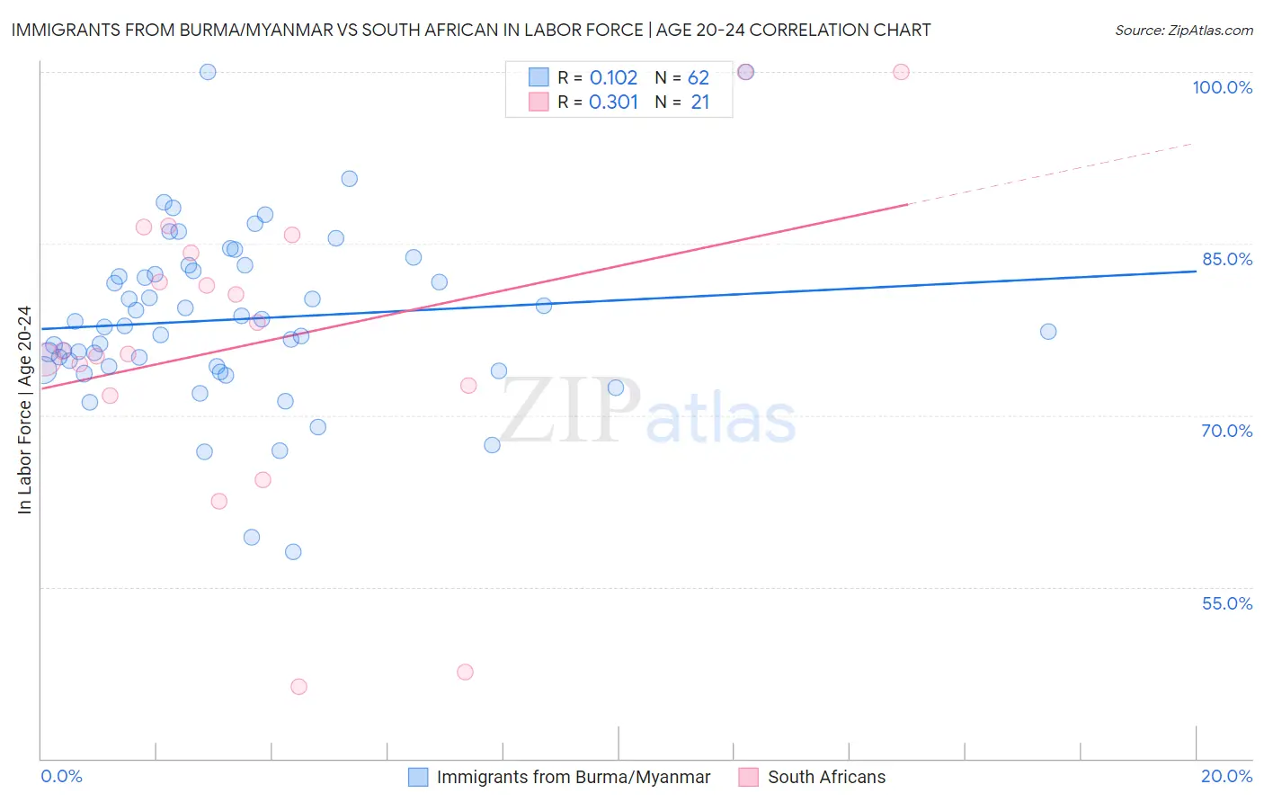 Immigrants from Burma/Myanmar vs South African In Labor Force | Age 20-24