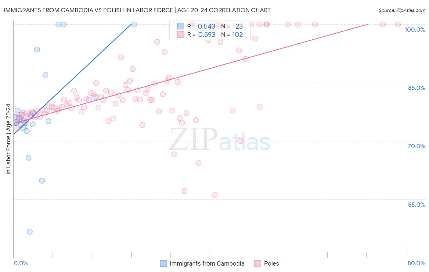 Immigrants from Cambodia vs Polish In Labor Force | Age 20-24