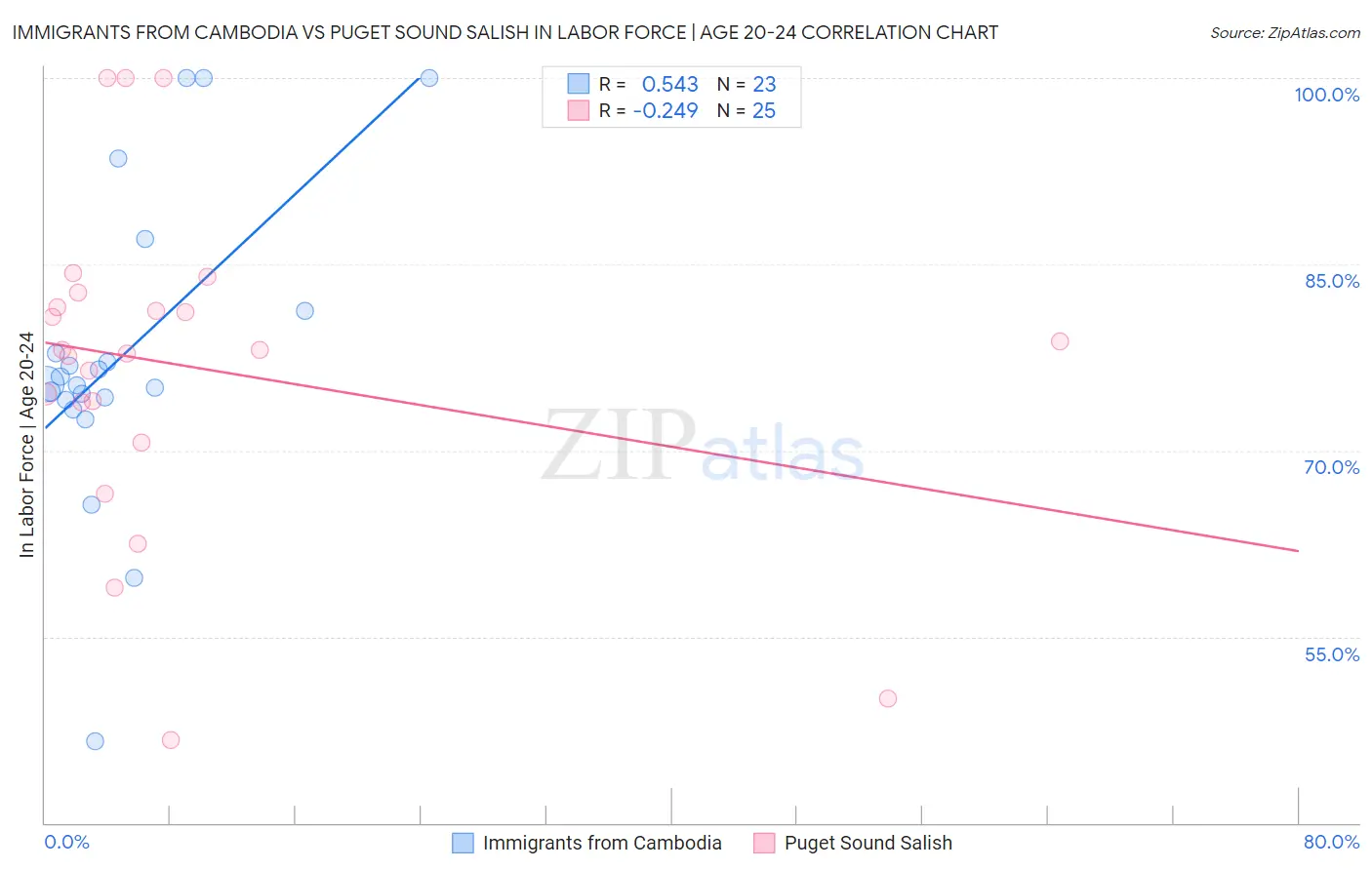 Immigrants from Cambodia vs Puget Sound Salish In Labor Force | Age 20-24