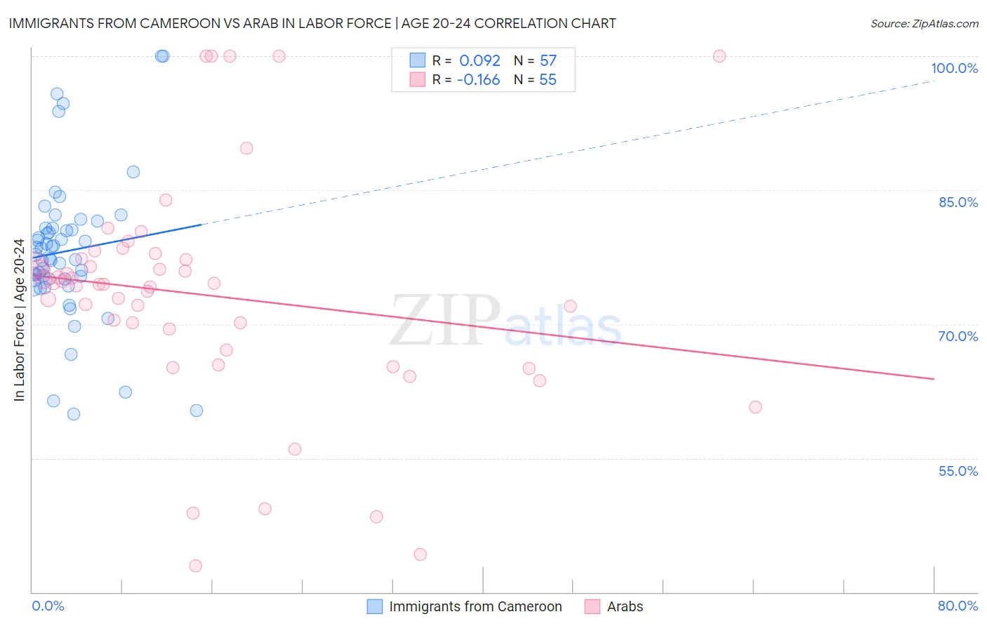 Immigrants from Cameroon vs Arab In Labor Force | Age 20-24