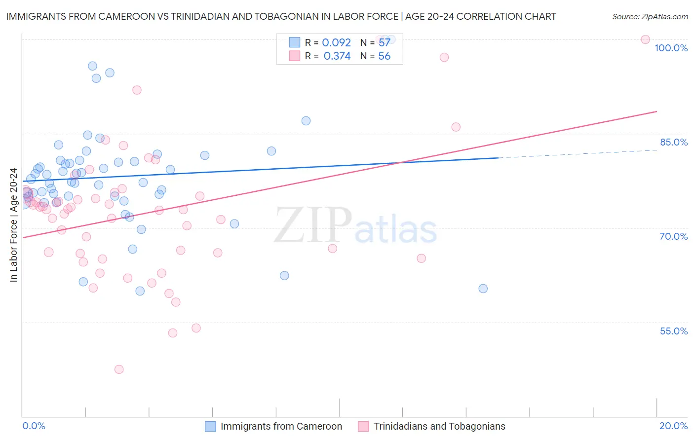 Immigrants from Cameroon vs Trinidadian and Tobagonian In Labor Force | Age 20-24