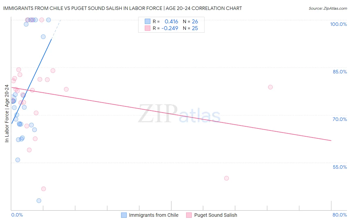 Immigrants from Chile vs Puget Sound Salish In Labor Force | Age 20-24