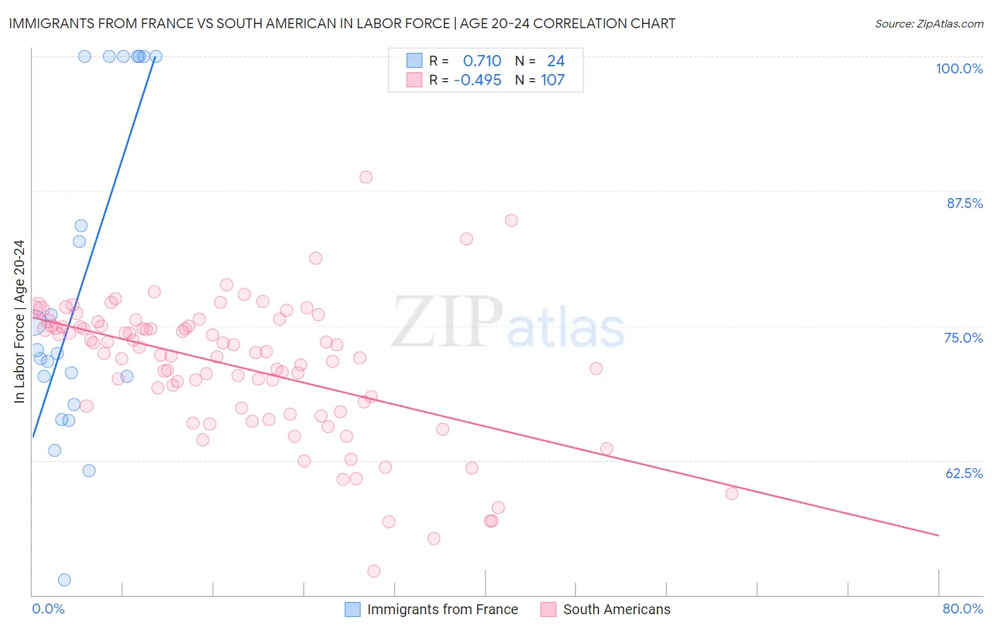 Immigrants from France vs South American In Labor Force | Age 20-24