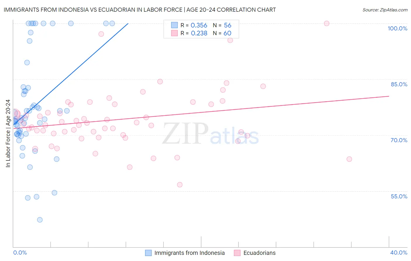 Immigrants from Indonesia vs Ecuadorian In Labor Force | Age 20-24