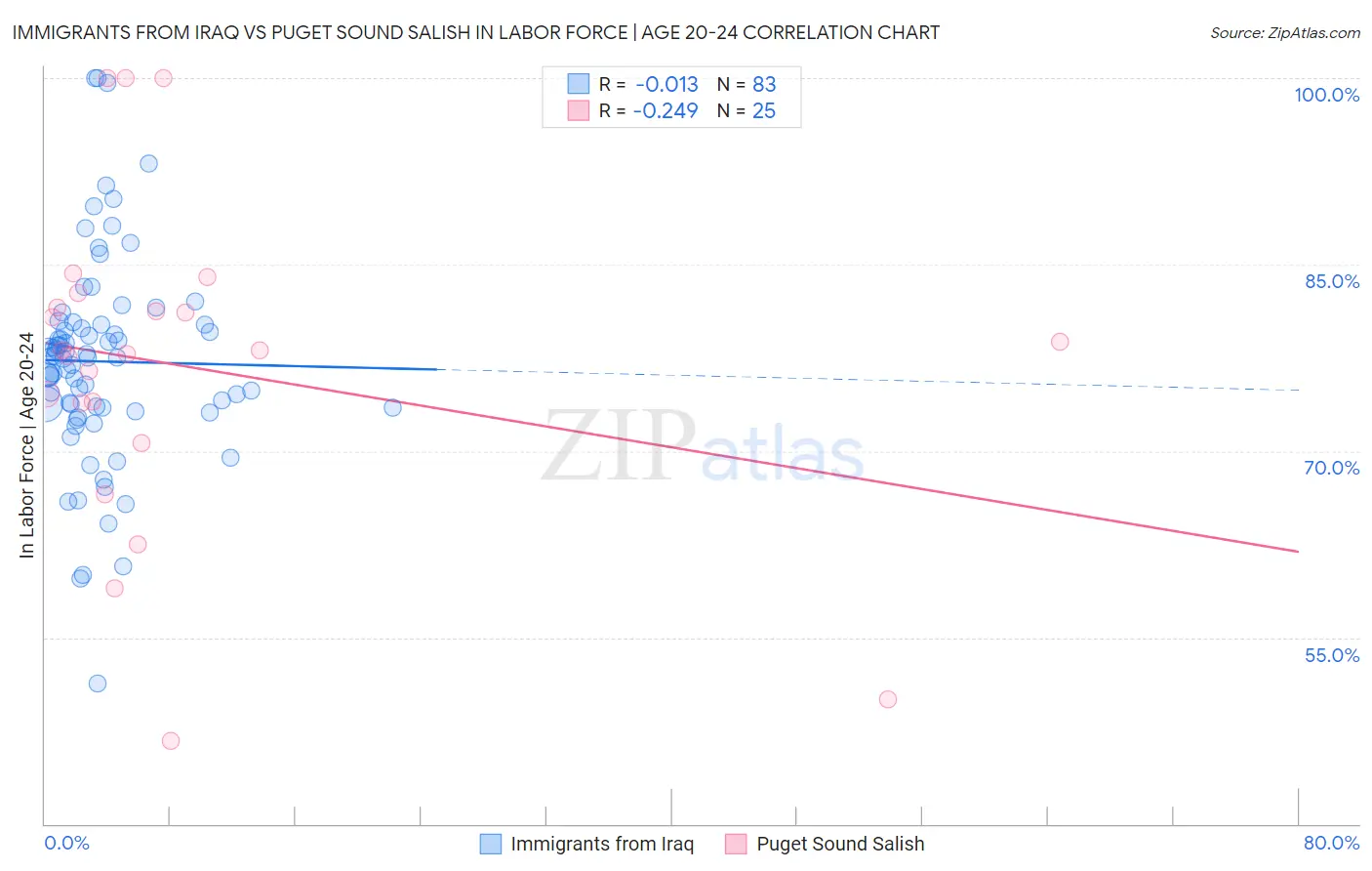 Immigrants from Iraq vs Puget Sound Salish In Labor Force | Age 20-24