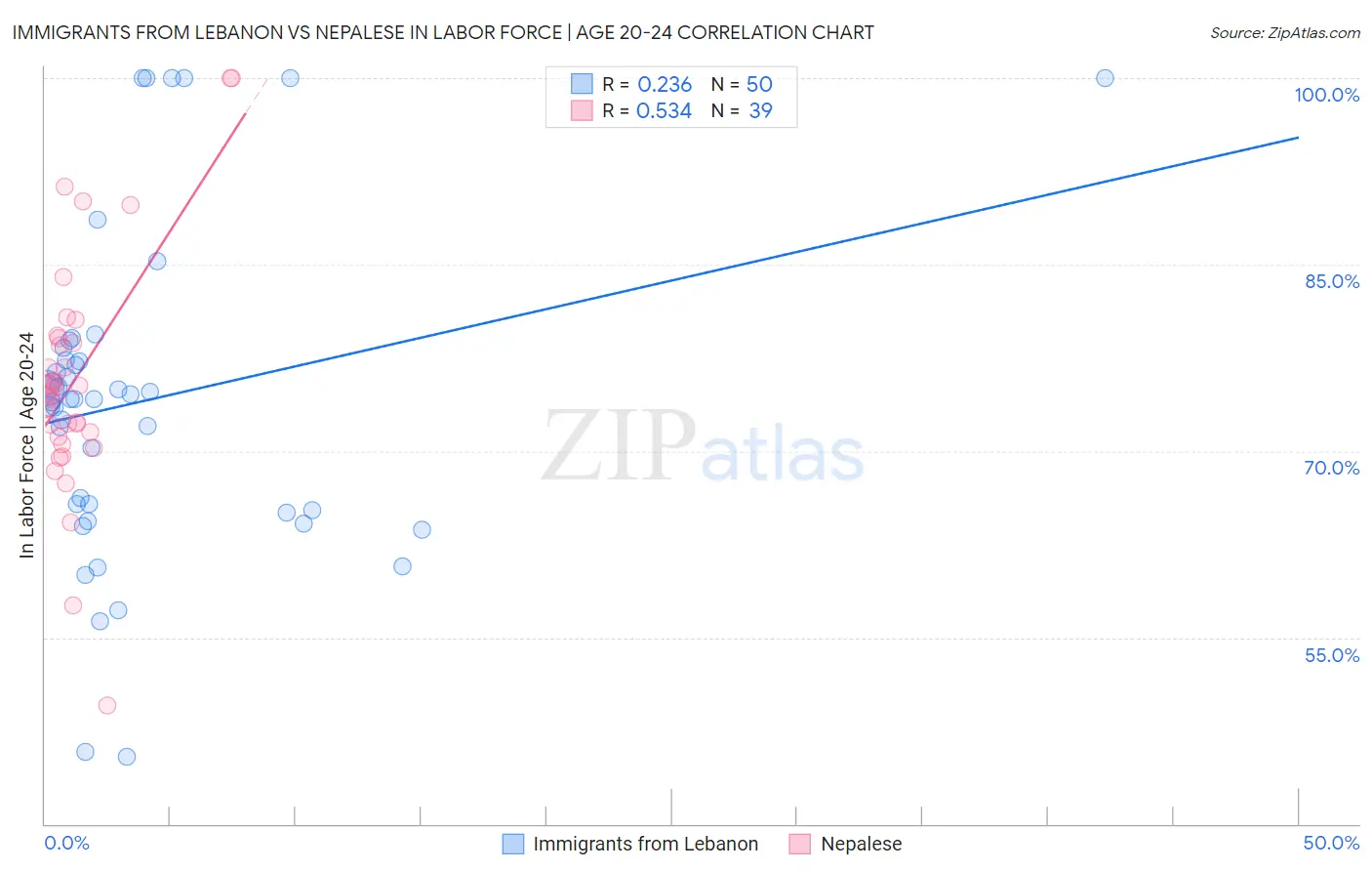 Immigrants from Lebanon vs Nepalese In Labor Force | Age 20-24