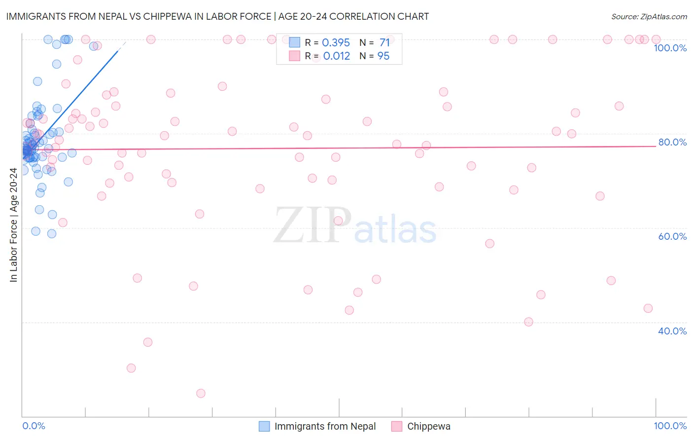 Immigrants from Nepal vs Chippewa In Labor Force | Age 20-24