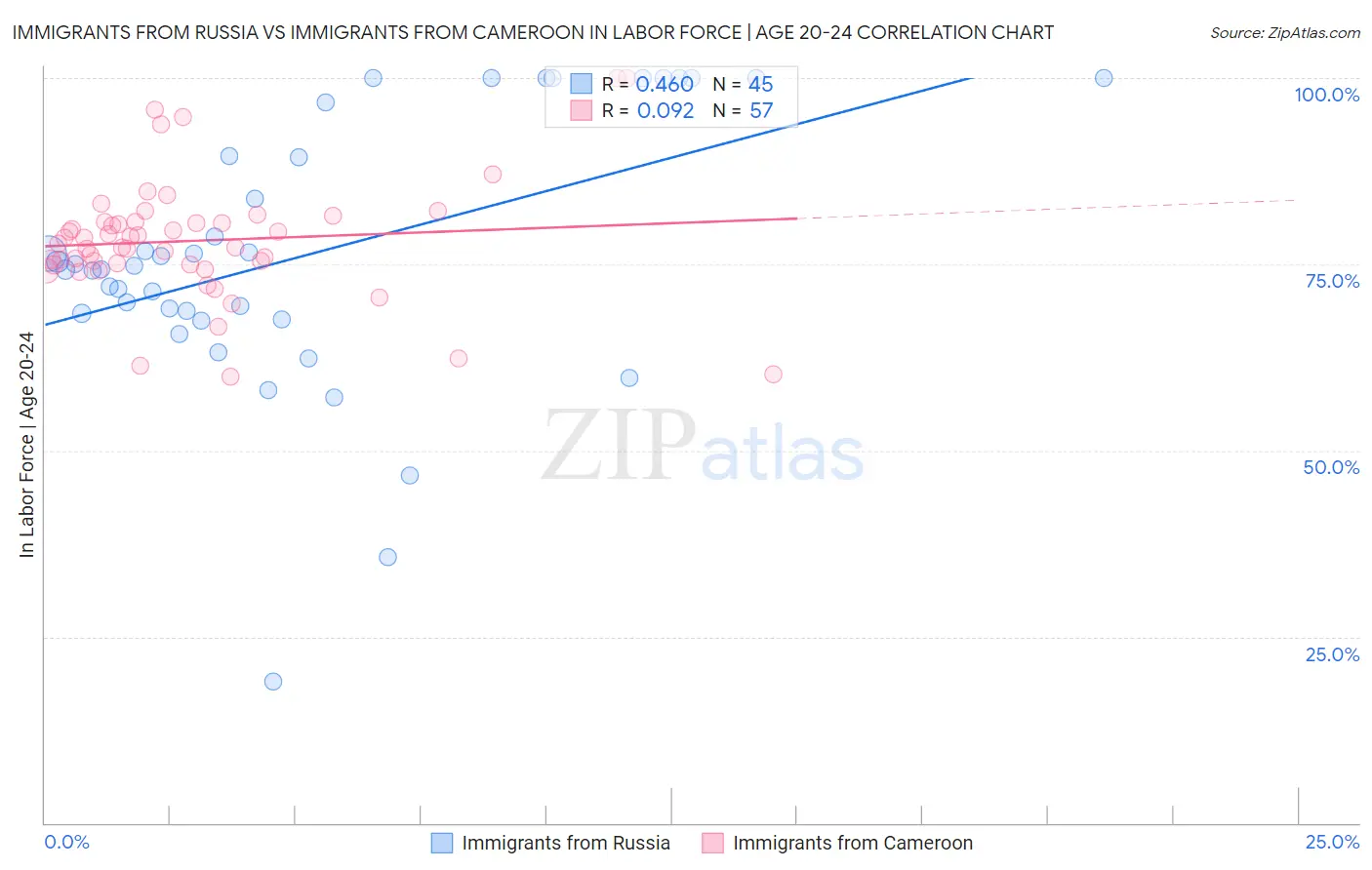 Immigrants from Russia vs Immigrants from Cameroon In Labor Force | Age 20-24