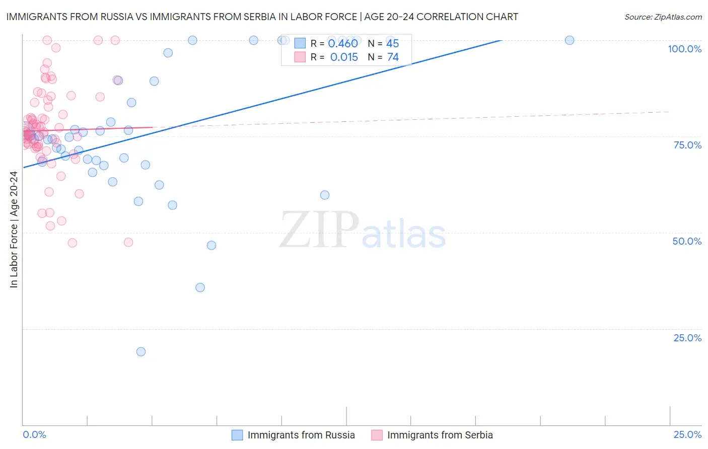 Immigrants from Russia vs Immigrants from Serbia In Labor Force | Age 20-24