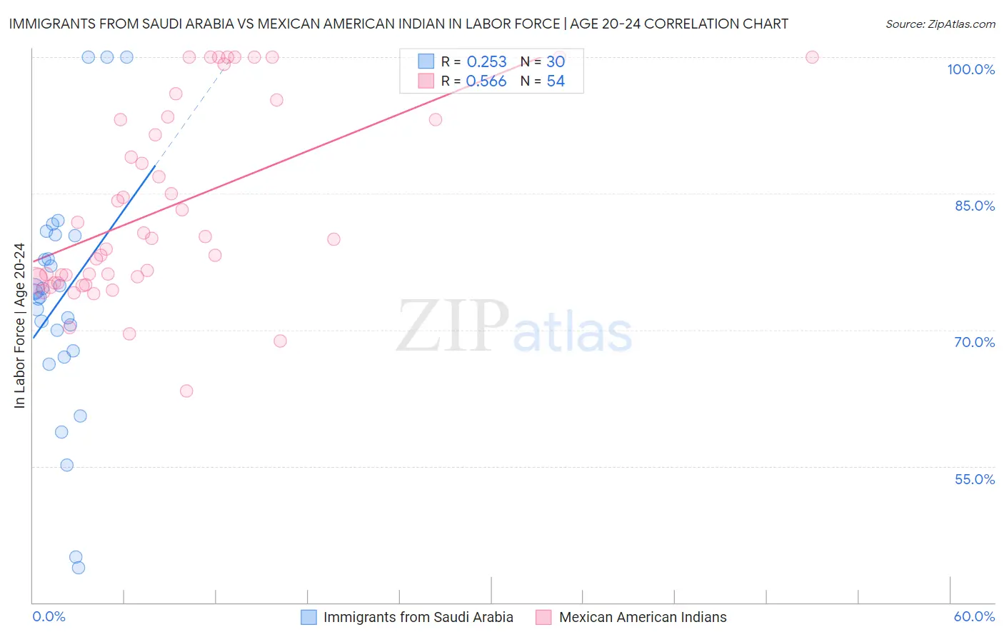 Immigrants from Saudi Arabia vs Mexican American Indian In Labor Force | Age 20-24