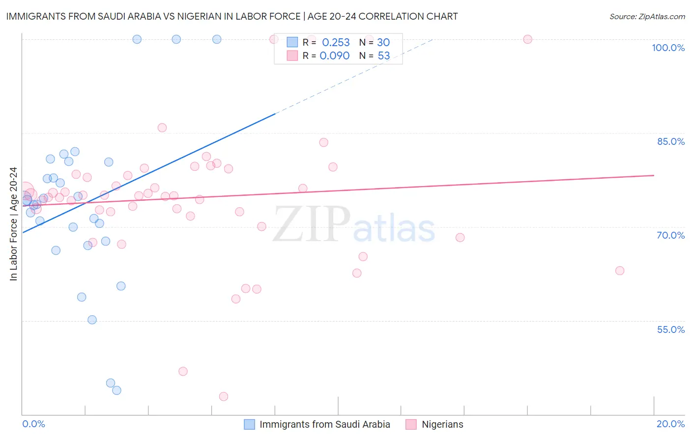 Immigrants from Saudi Arabia vs Nigerian In Labor Force | Age 20-24