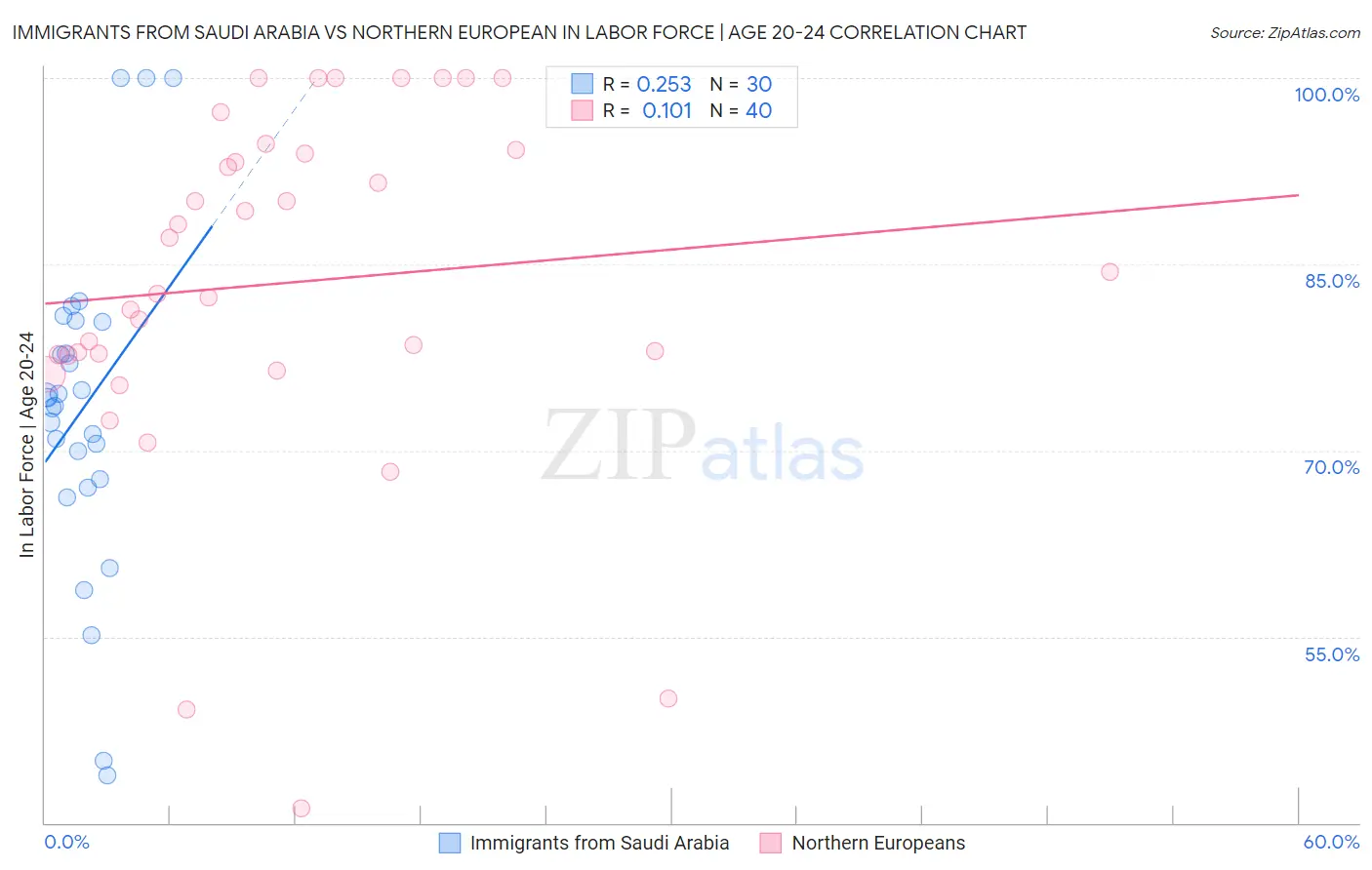 Immigrants from Saudi Arabia vs Northern European In Labor Force | Age 20-24