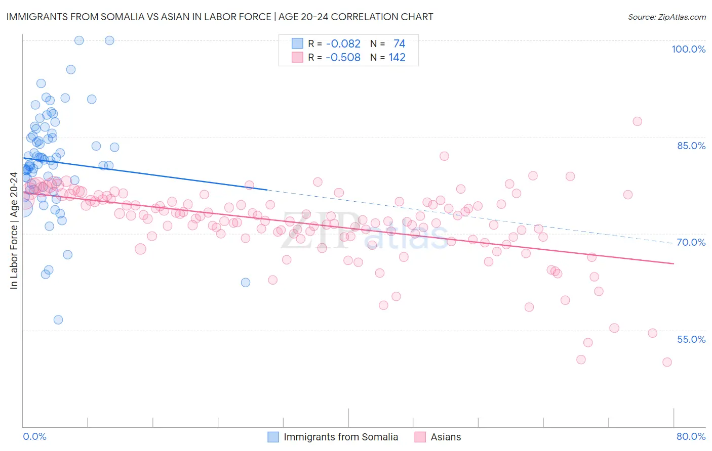 Immigrants from Somalia vs Asian In Labor Force | Age 20-24