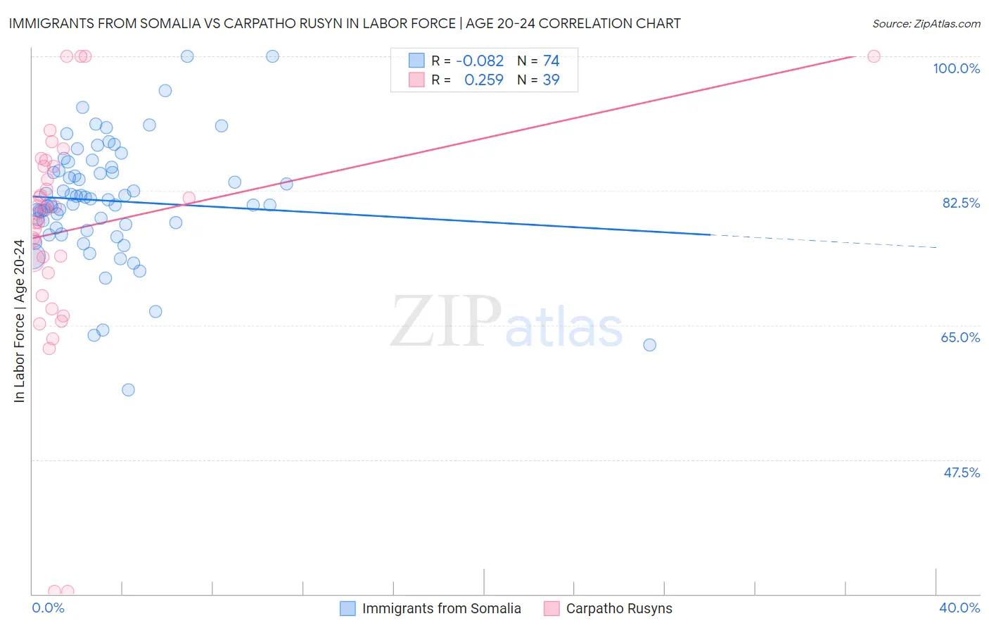 Immigrants from Somalia vs Carpatho Rusyn In Labor Force | Age 20-24