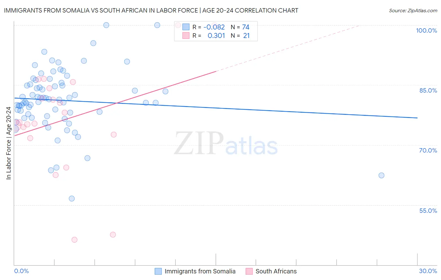 Immigrants from Somalia vs South African In Labor Force | Age 20-24