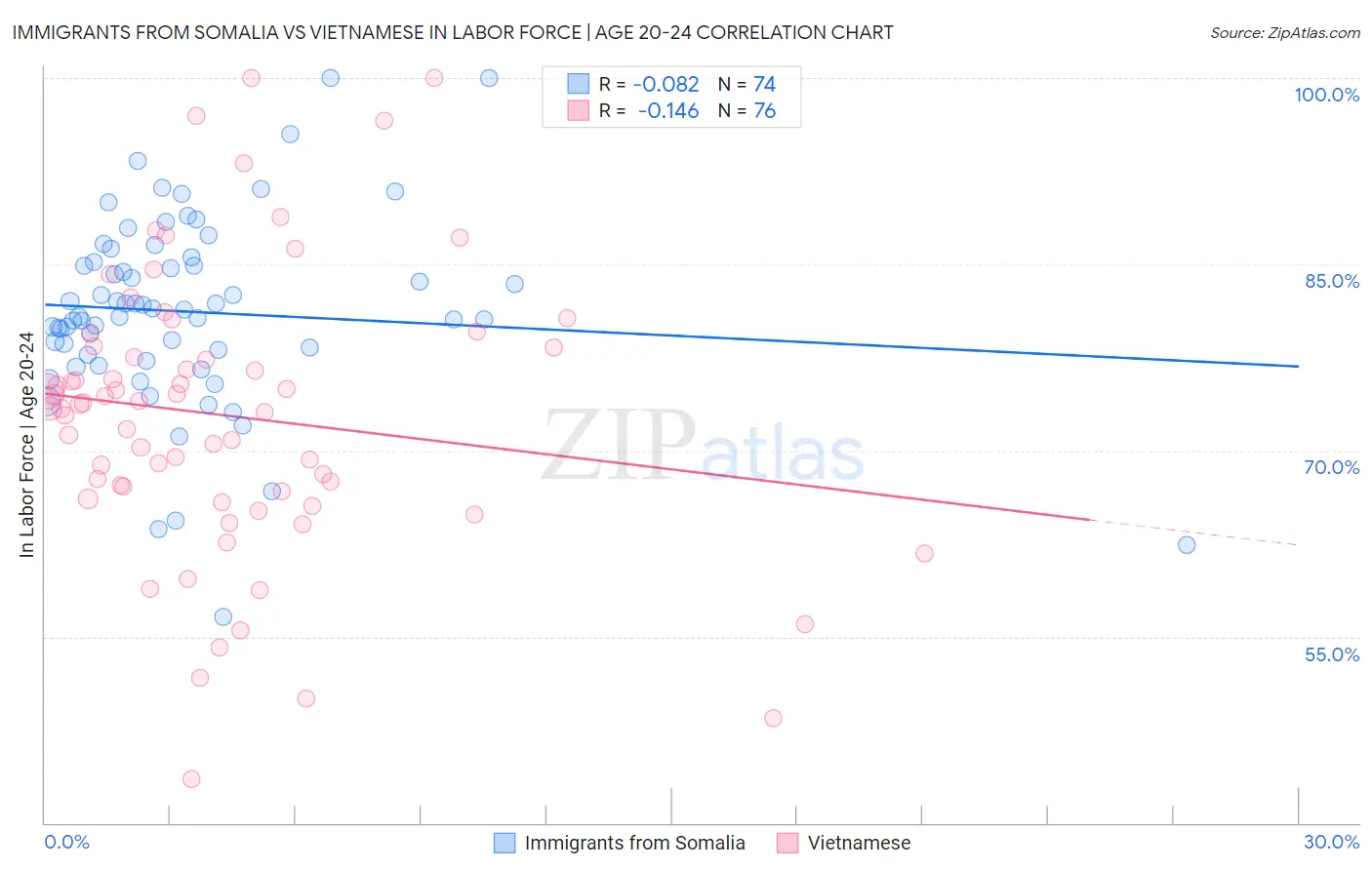 Immigrants from Somalia vs Vietnamese In Labor Force | Age 20-24