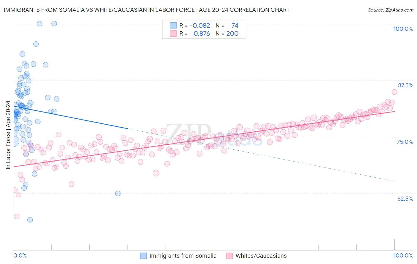 Immigrants from Somalia vs White/Caucasian In Labor Force | Age 20-24