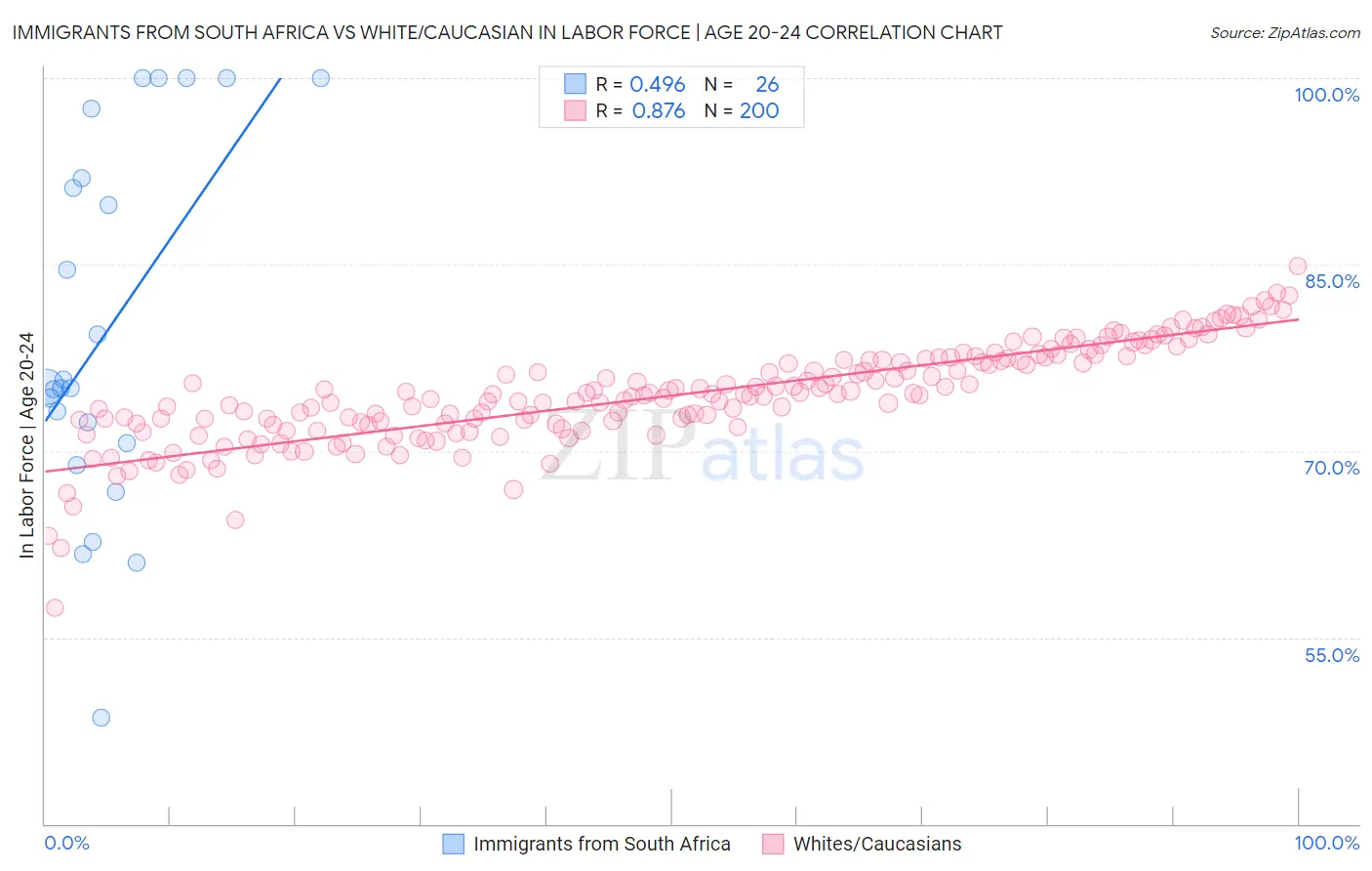 Immigrants from South Africa vs White/Caucasian In Labor Force | Age 20-24