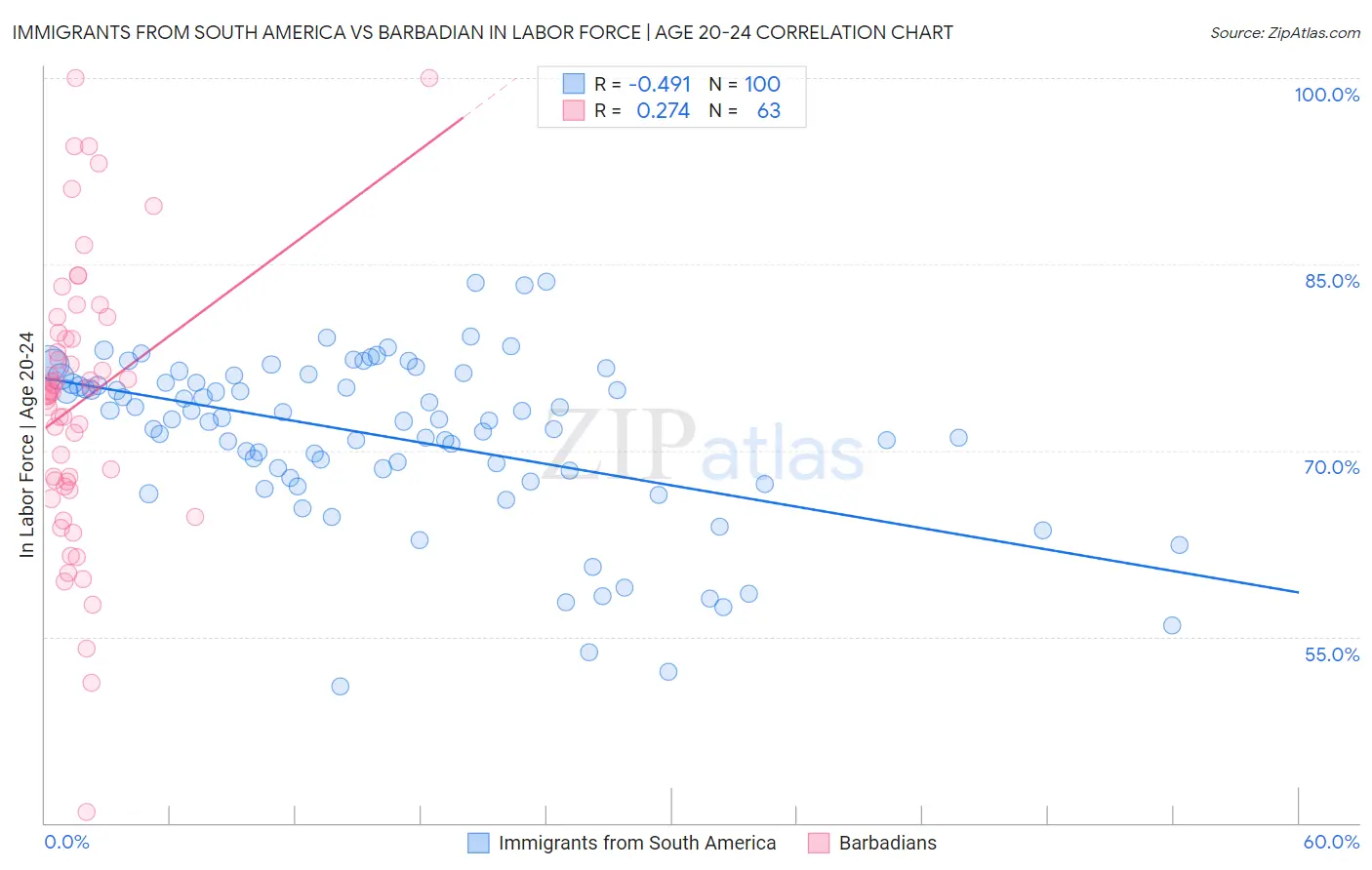 Immigrants from South America vs Barbadian In Labor Force | Age 20-24