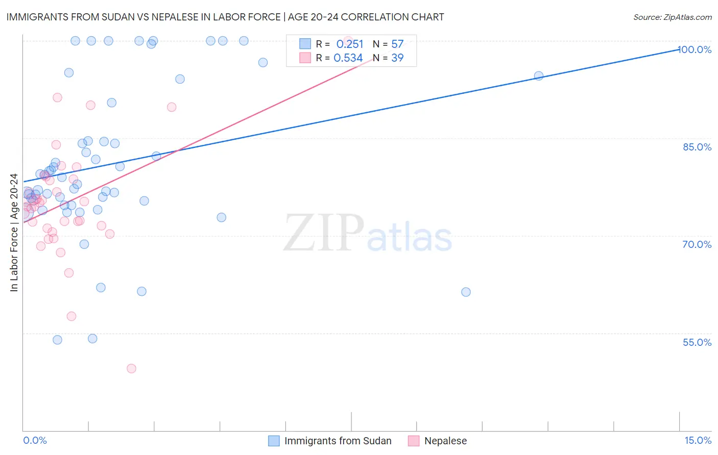 Immigrants from Sudan vs Nepalese In Labor Force | Age 20-24