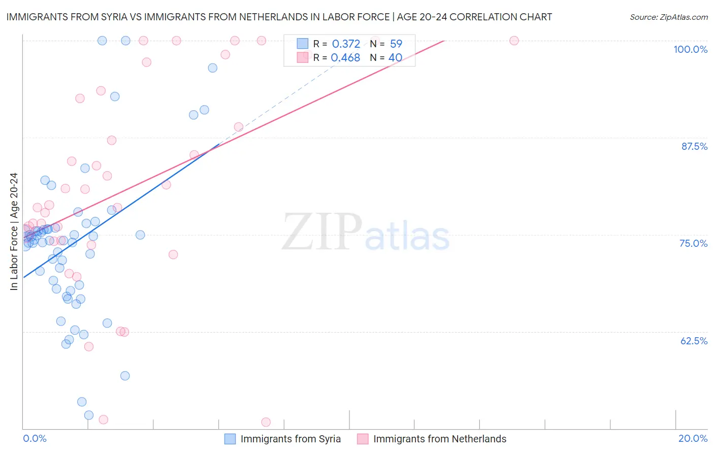 Immigrants from Syria vs Immigrants from Netherlands In Labor Force | Age 20-24