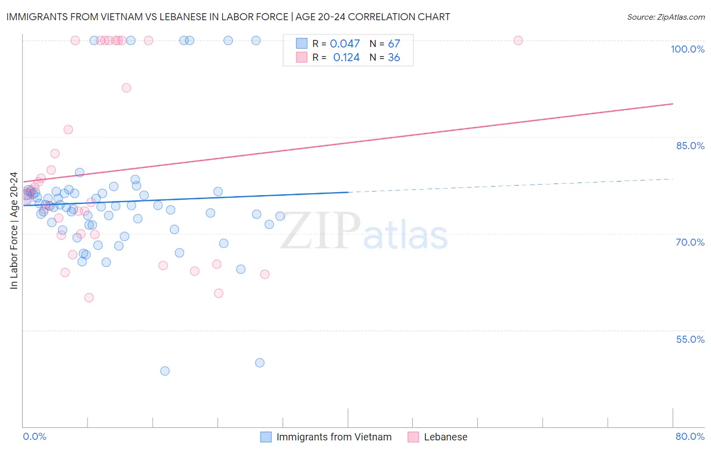 Immigrants from Vietnam vs Lebanese In Labor Force | Age 20-24