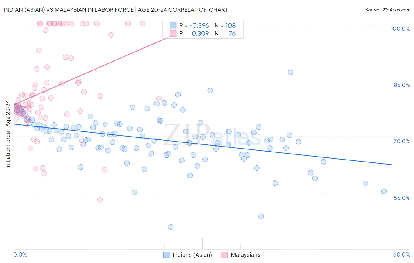 Indian (Asian) vs Malaysian In Labor Force | Age 20-24