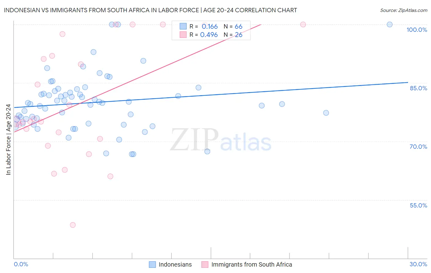 Indonesian vs Immigrants from South Africa In Labor Force | Age 20-24