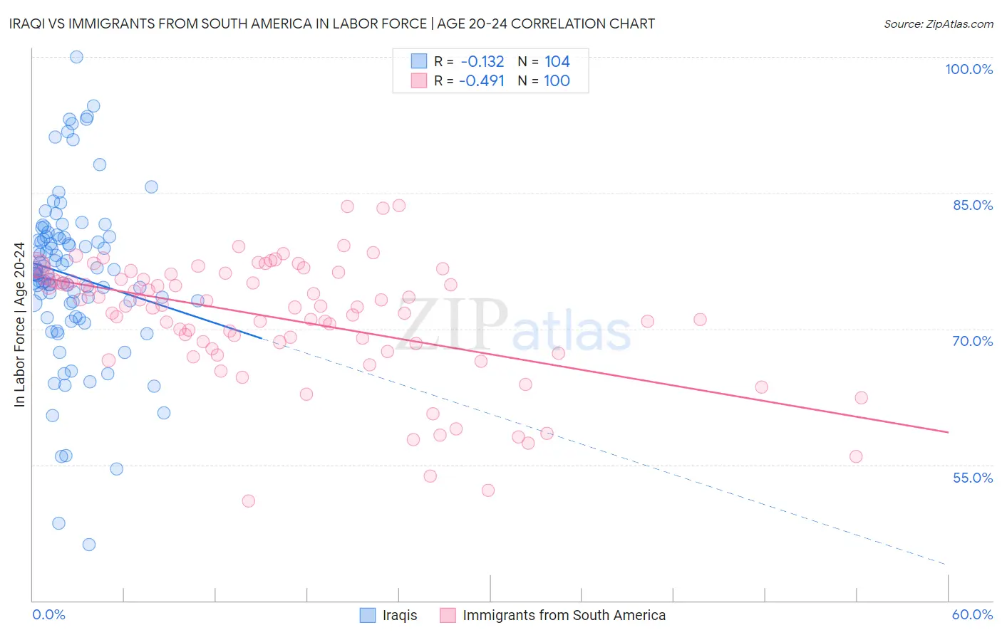 Iraqi vs Immigrants from South America In Labor Force | Age 20-24
