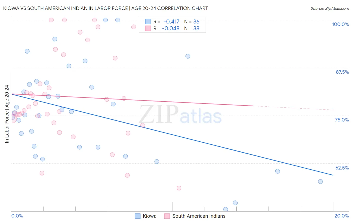 Kiowa vs South American Indian In Labor Force | Age 20-24