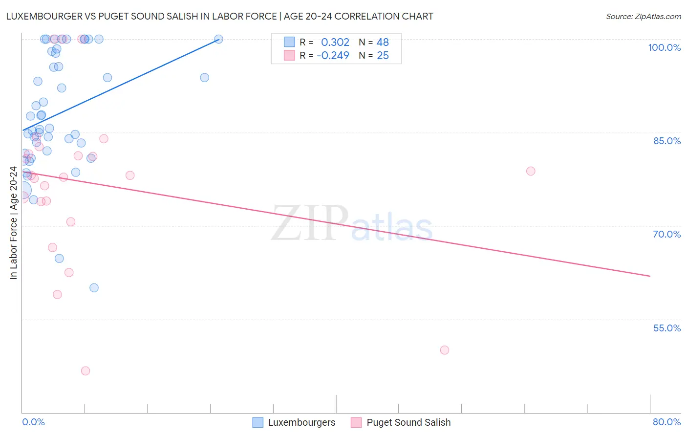 Luxembourger vs Puget Sound Salish In Labor Force | Age 20-24