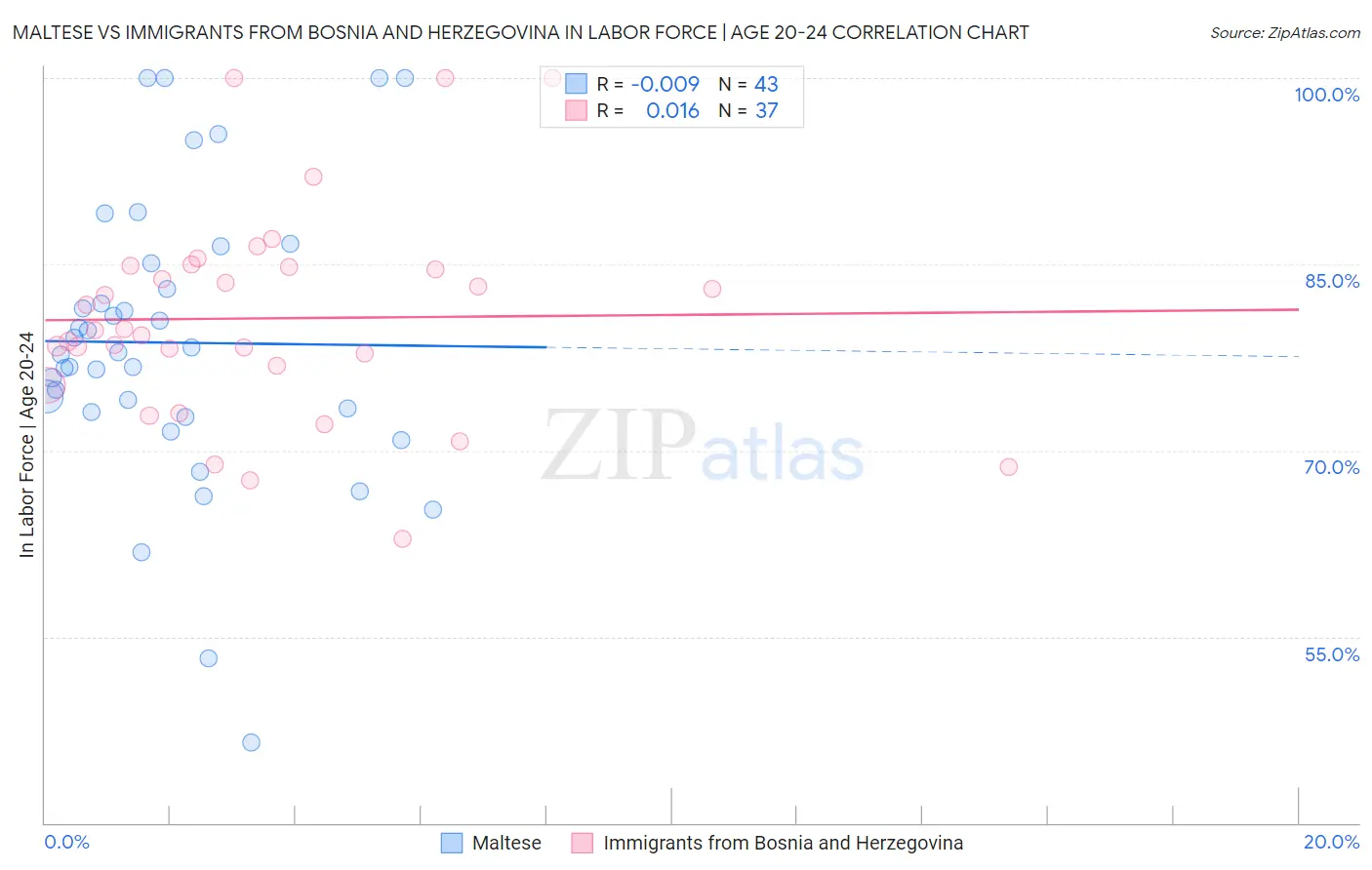 Maltese vs Immigrants from Bosnia and Herzegovina In Labor Force | Age 20-24