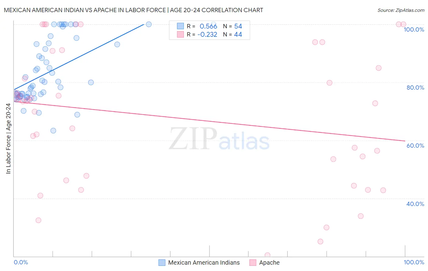 Mexican American Indian vs Apache In Labor Force | Age 20-24