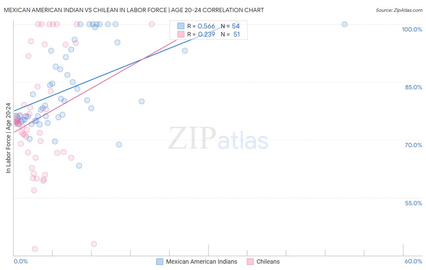 Mexican American Indian vs Chilean In Labor Force | Age 20-24