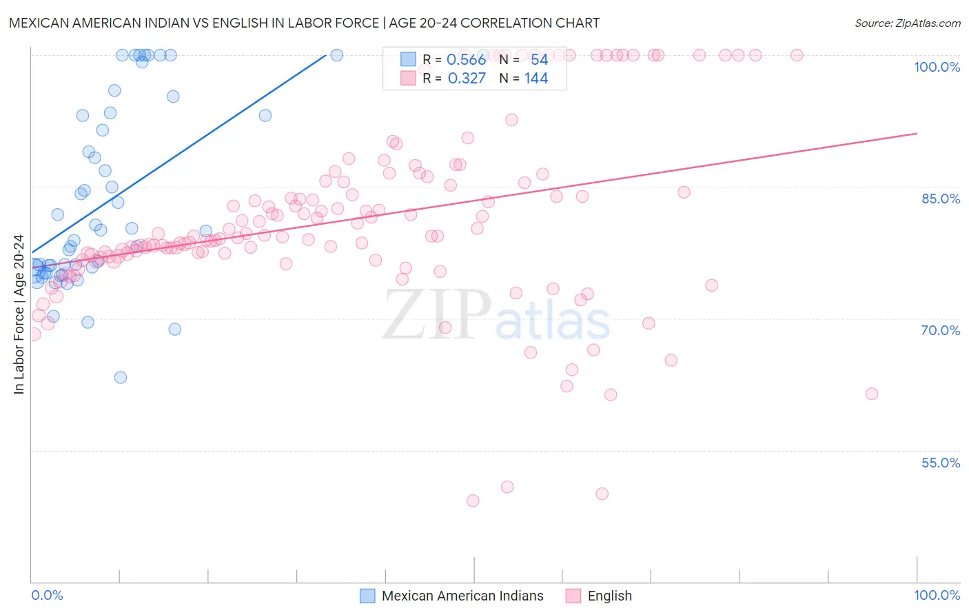 Mexican American Indian vs English In Labor Force | Age 20-24