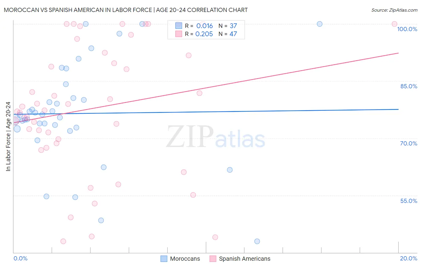 Moroccan vs Spanish American In Labor Force | Age 20-24