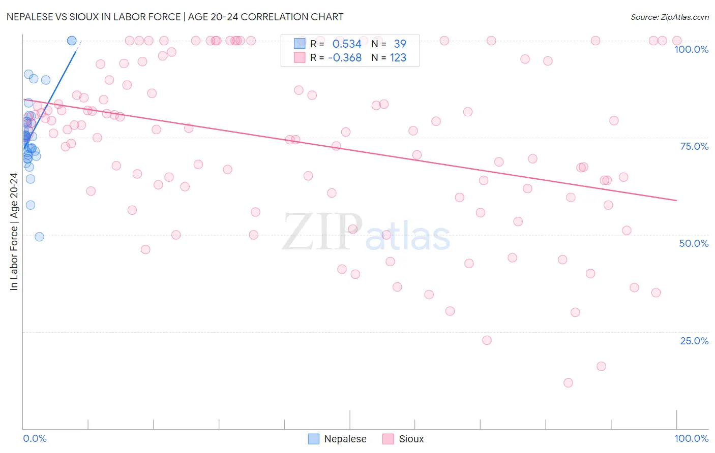 Nepalese vs Sioux In Labor Force | Age 20-24