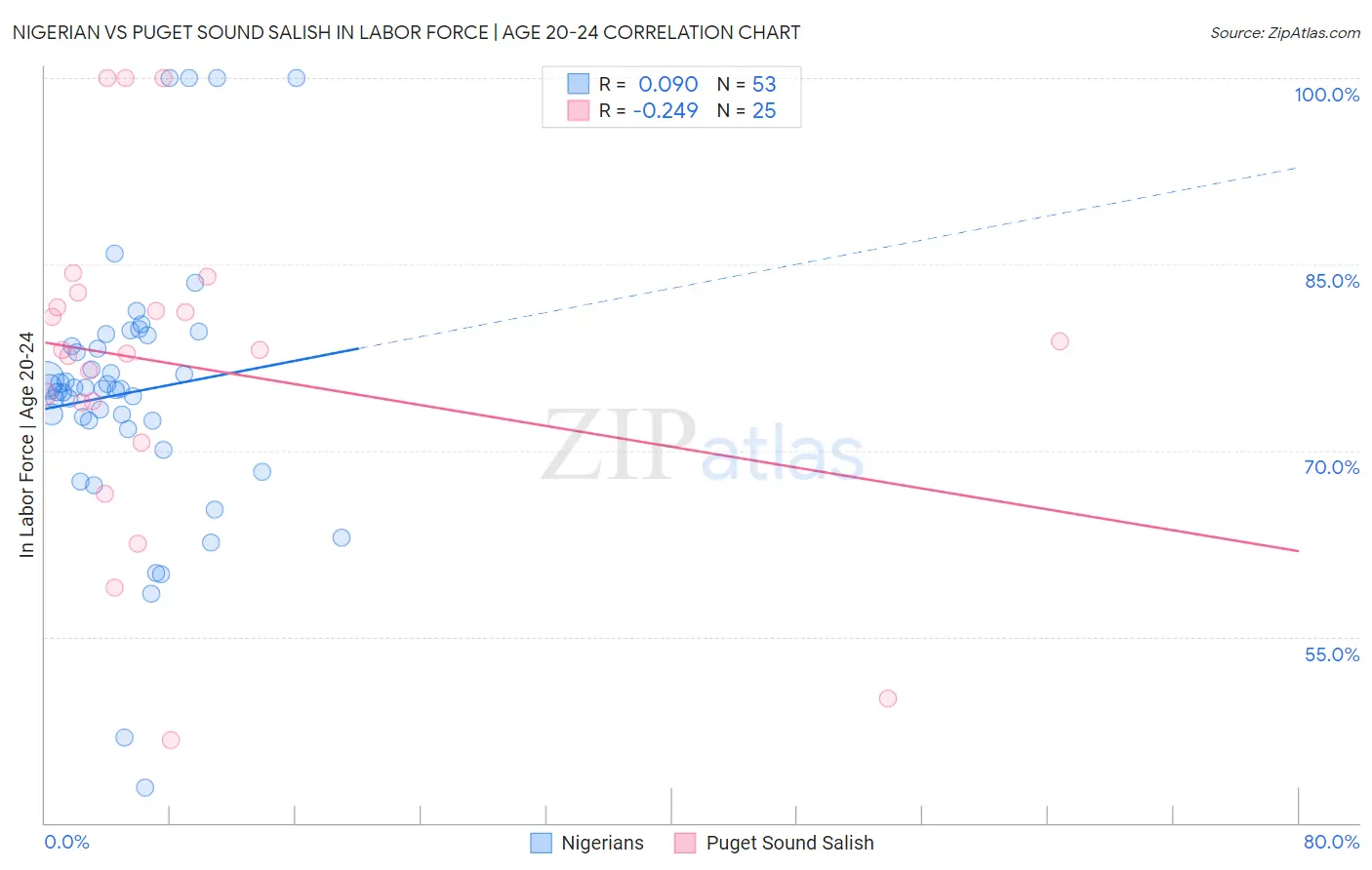 Nigerian vs Puget Sound Salish In Labor Force | Age 20-24