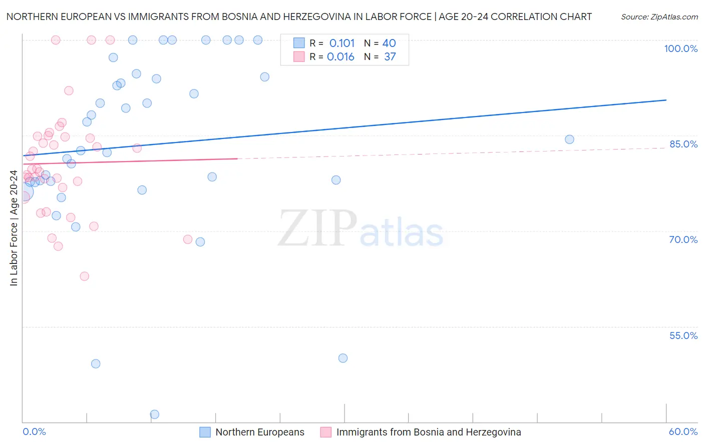 Northern European vs Immigrants from Bosnia and Herzegovina In Labor Force | Age 20-24