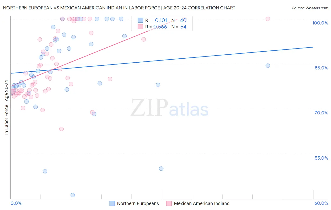 Northern European vs Mexican American Indian In Labor Force | Age 20-24