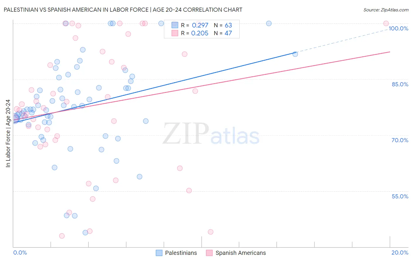 Palestinian vs Spanish American In Labor Force | Age 20-24