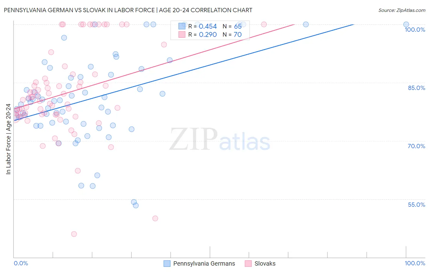 Pennsylvania German vs Slovak In Labor Force | Age 20-24