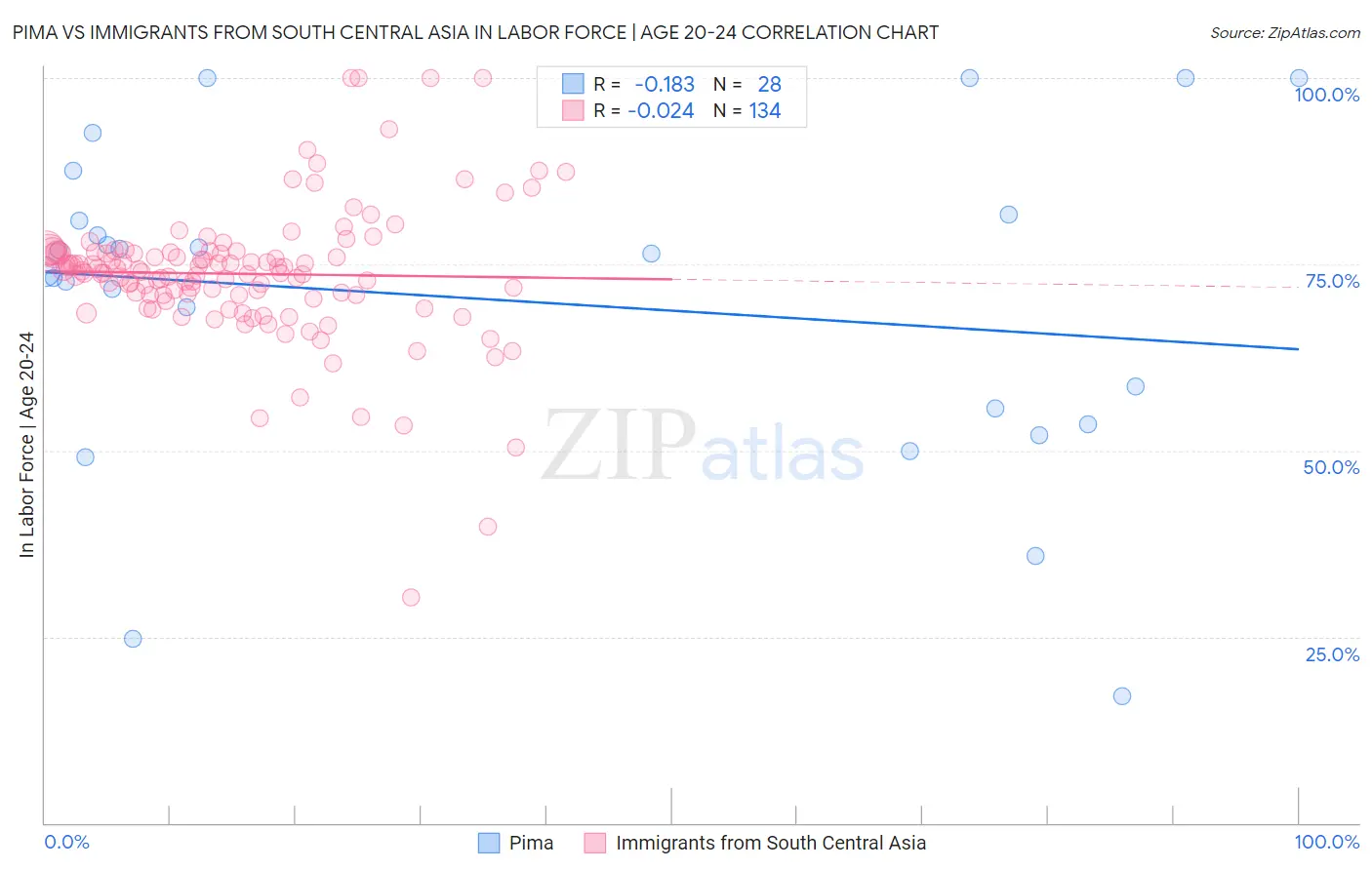 Pima vs Immigrants from South Central Asia In Labor Force | Age 20-24