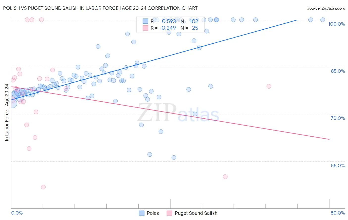 Polish vs Puget Sound Salish In Labor Force | Age 20-24