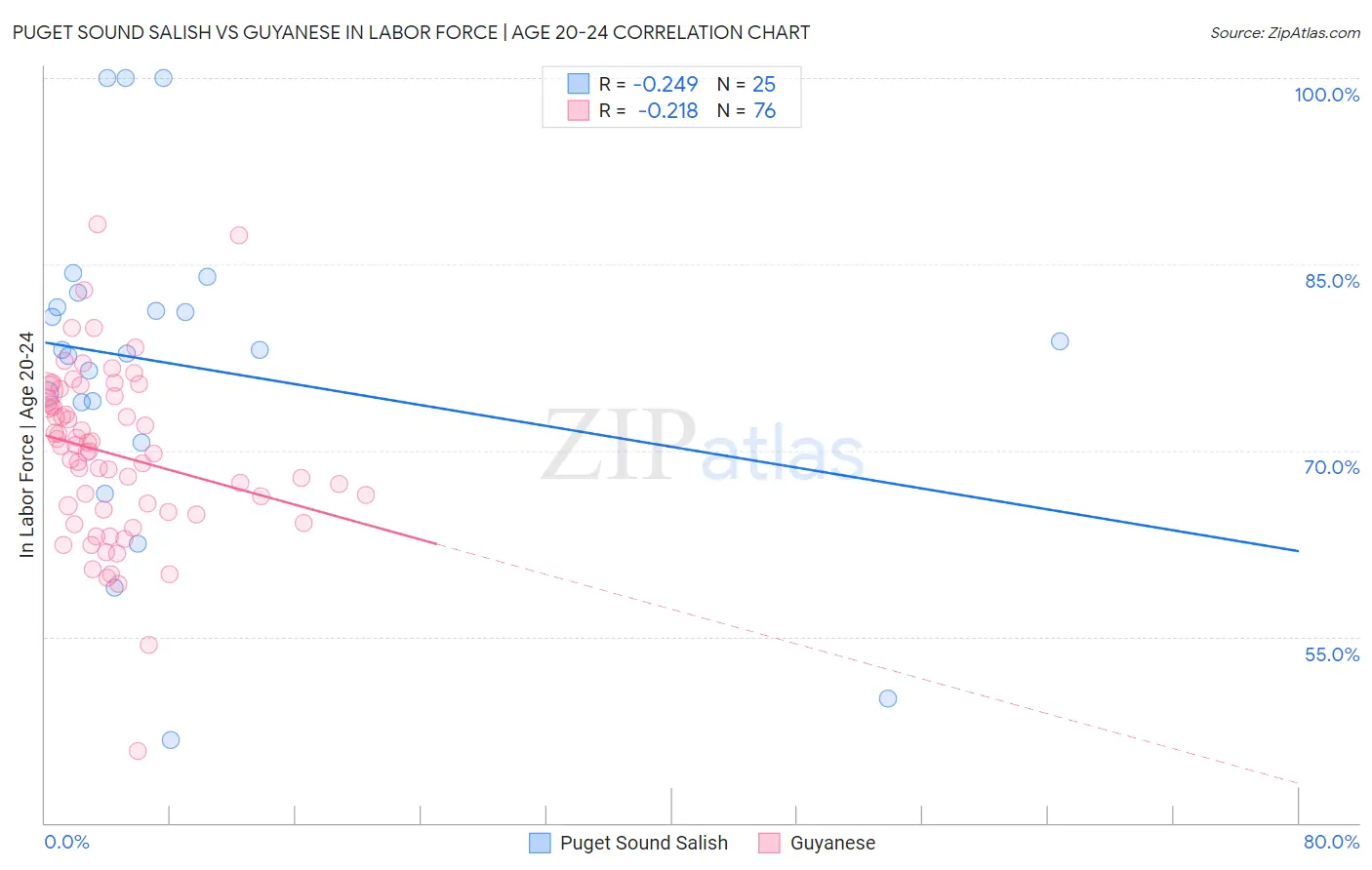 Puget Sound Salish vs Guyanese In Labor Force | Age 20-24