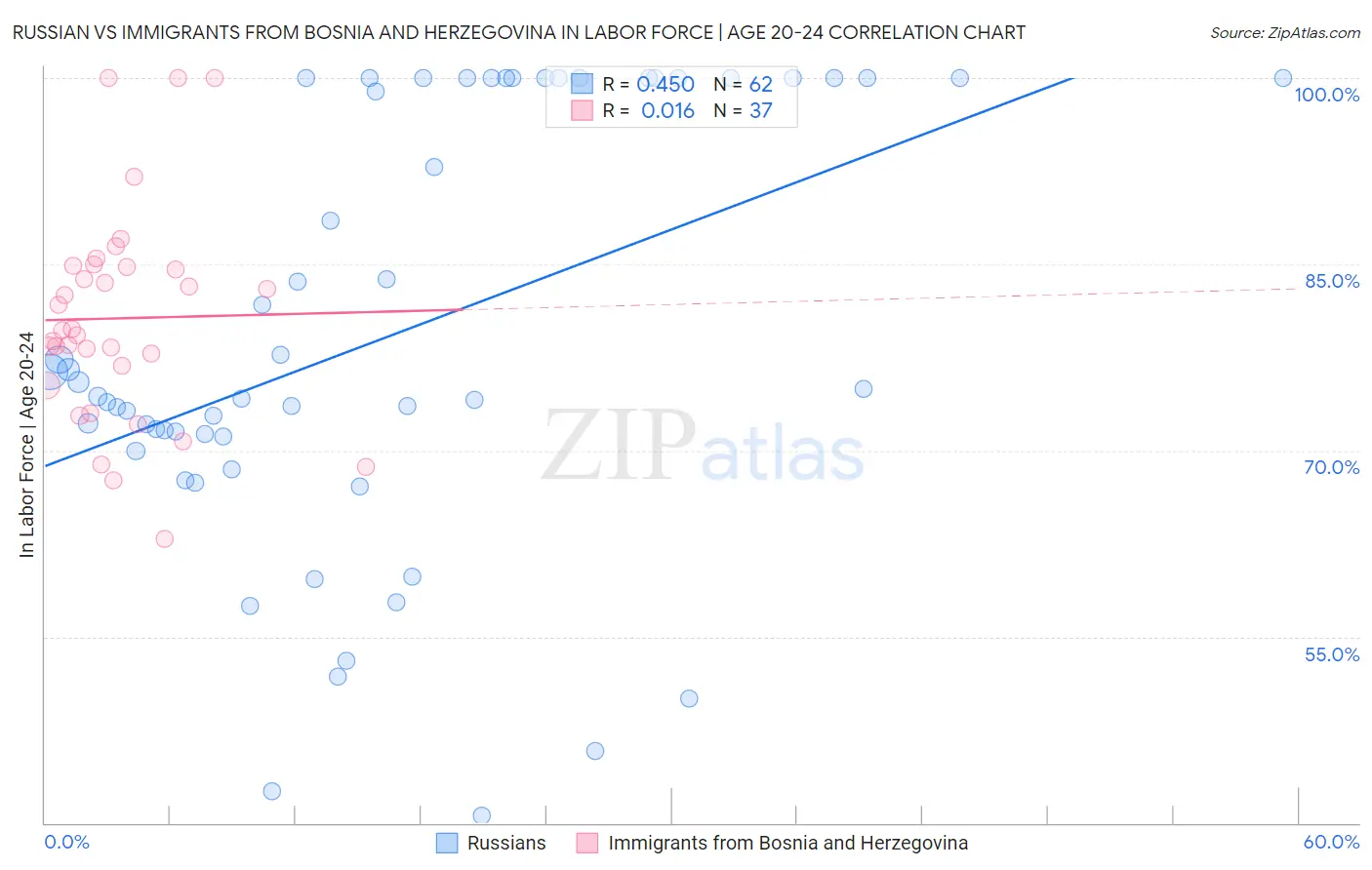 Russian vs Immigrants from Bosnia and Herzegovina In Labor Force | Age 20-24